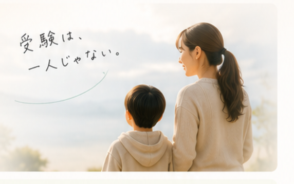 やわらかな光の中、寄り添って前を見つめる保護者とお子さまの後ろ姿。受験は、一人じゃない。