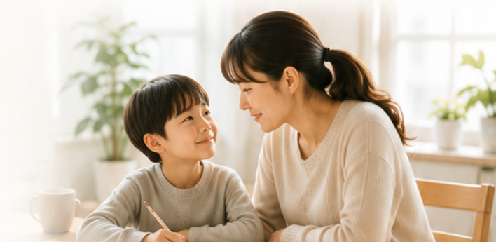 食卓で寄り添い、笑顔で見つめ合う保護者とお子さまの様子