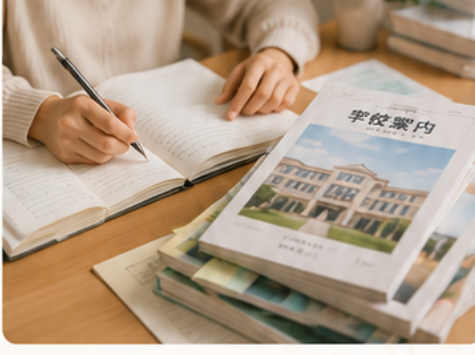 ノートに書き込みながら、積み上げた学校パンフレットを見る保護者の手元