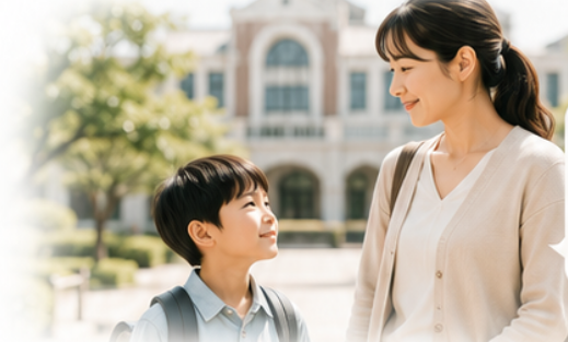 学校の前で見つめ合う保護者とお子さまの様子