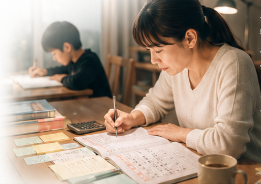 食卓で過去問に向き合うお子さまと、隣で見守る保護者の様子
